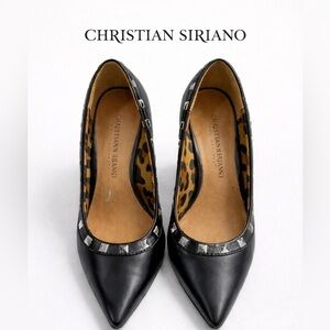 Christian Siriano | Studded Pointed Stilettos | Black Leather Leopard Print Trim